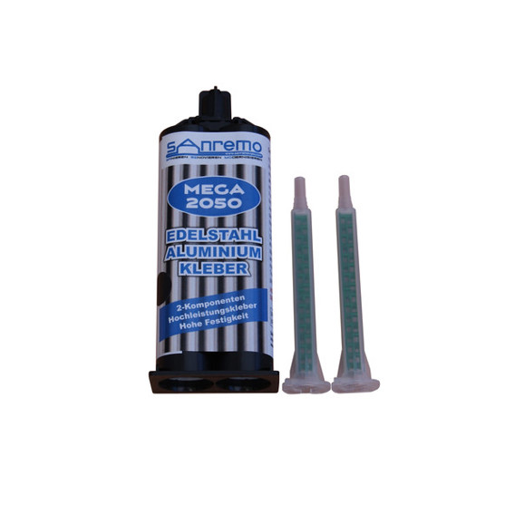 4x MEGA 2050 Edelstahl/Aluminiumkleber - Schwarz - 50ml Kartusche + 4 Quadro Mischer für optimale Ergebnisse