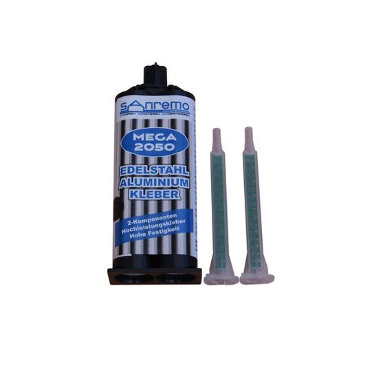 2er Set MEGA 2050 Edelstahl/Aluminiumkleber – Schwarz – 50ml Kartusche + 4 Quadro Mischstäbe + 2-K Auspresspistole (1:1)